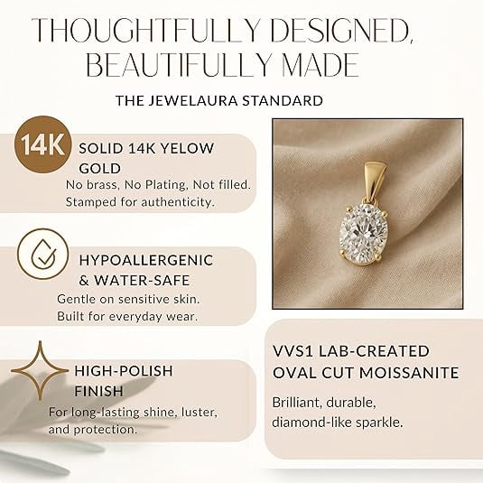 14K Solid Yellow Gold Lab Grown Moissanite Oval Cut Solitaire Pendant | Dangle Bail | 9x7mm 2.0 CTW | 16–18” Adjustable Box Link Chain| Fine Jewelry Luxury Gift | Birthday, Anniversary, Mothers Day