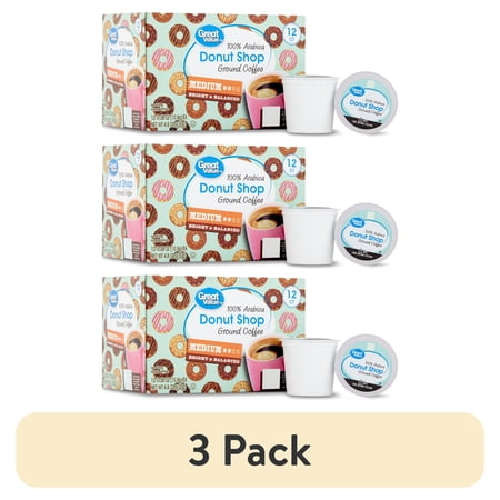 (3 pack) Great Value Donut Shop 100% Arabica Medium Roast Ground Coffee Pods, 12 Ct