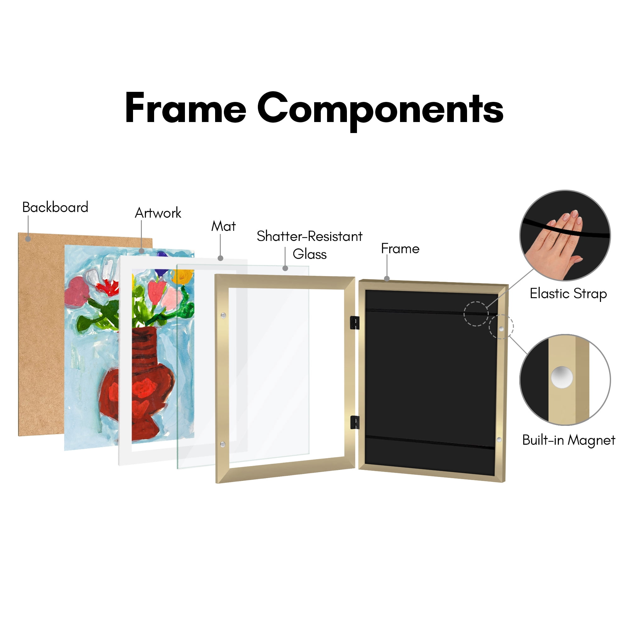 Americanflat 10x12.5 Kids Art Frame 2 Pack Holds 100 Art Pieces 8.5x11 Mat Magnetic Letter Size Display Mini - Gold