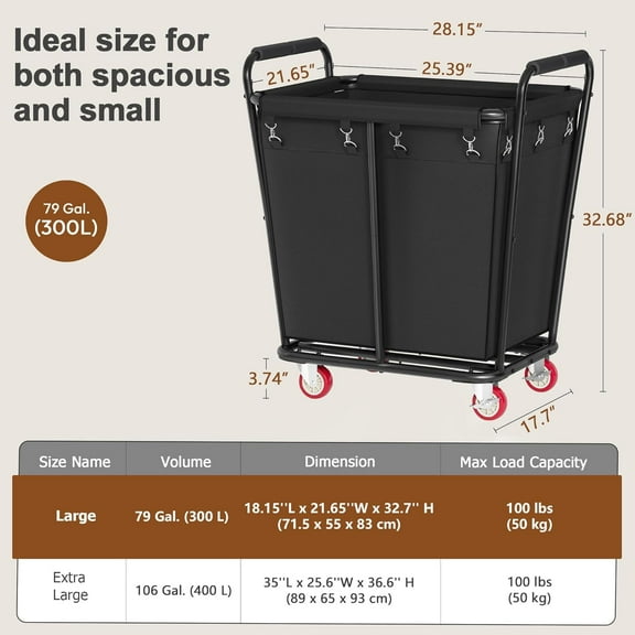 Large Laundry Cart with Wheels, 300L Heavy Duty Laundry Basket Organizer, Rolling Hamper for Home & Hotel