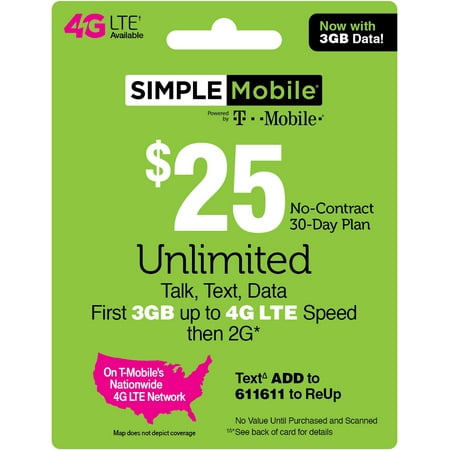 Simple Mobile $25 Unlimited Talk, Text & Data (First 3GB up to 4G LTE† then 2G*) 30-Day Plan (Email