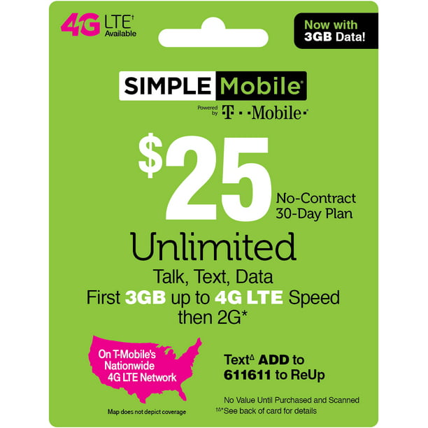 Simple Mobile 25 Unlimited 30 Day Plan E Pin Top Up Email Delivery Walmart Com Walmart Com