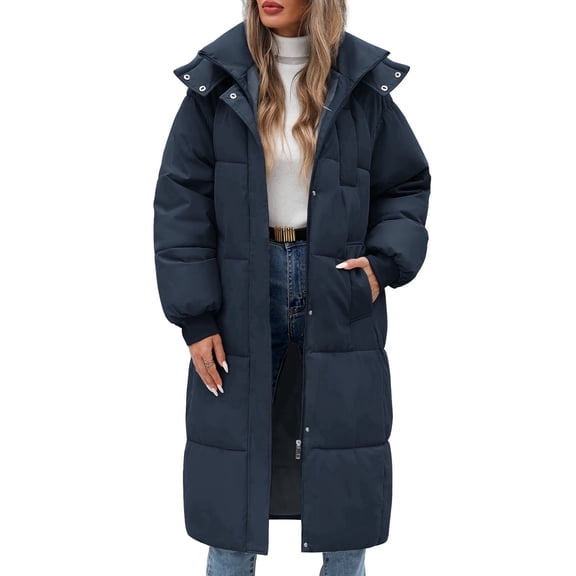 LVWQ Women's Long Puffer Coat Hooded Winter Jacket Quilted Full Length Warm Padded Parka with Pockets