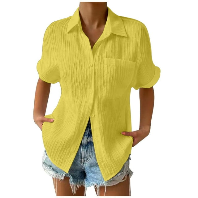 HBFAGFB Womens Shirts Lapel Button Down Cardigan Short Sleeve Top with Pockets Daily Wear Yellow Size S