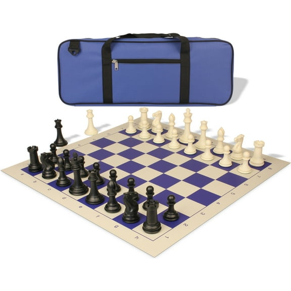 Professional Deluxe Carry-All Plastic Chess Set Black & Ivory Pieces with Vinyl Roll-up Board & Bag - Blue
