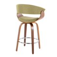 thumbnail image 4 of Vintage Mod 26" Mid-Century Modern Fixed-Height Counter Stool with Swivel in Walnut Wood and Green Fabric with Round Chrome Metal Footrest by LumiSource - Set of 2, 4 of 4