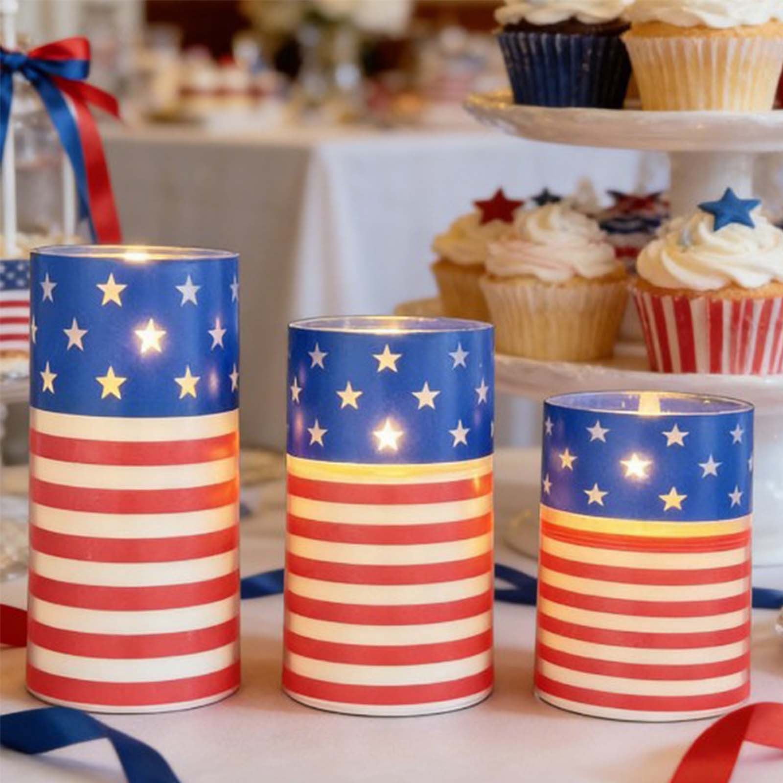 geerera 3Pcs 4th of July Patriotic LED Flameless Candles with Remote, USA Flag Electronic Candle Lights Set for Independence Day, Memorial Day & Patriotic Events Decor