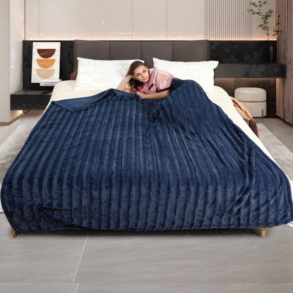 SUNNY HEAT Electric Heated Blanket 72'' x 84'', Soft and Lightweight Faux Fur Electric Blanket, Navy