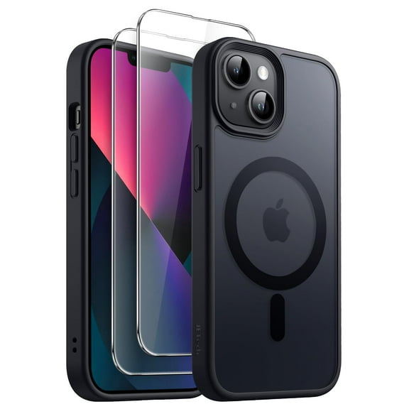 JETech 3 in 1 Magnetic Case for iPhone 13 Mini 5.4-Inch with 2 Pack Tempered Glass Screen Protectors, Compatible with MagSafe, Translucent Matte Back Shockproof Phone Cover (Black)