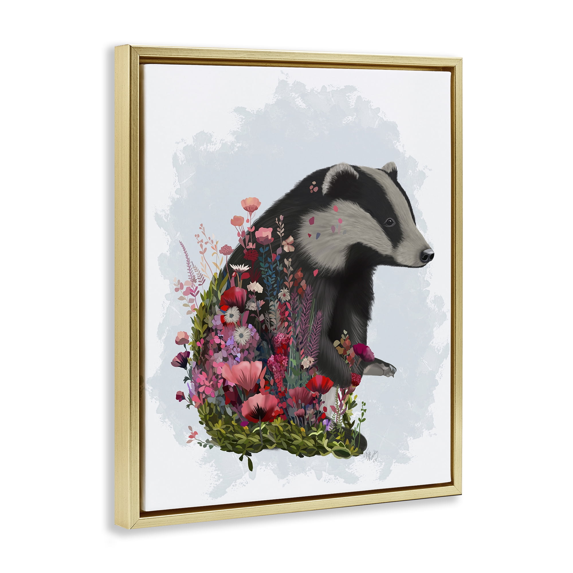 Stupell Industries Badger with Garden Blooms Botanical & Floral Painting Gold Floater Framed Canvas Art Print Wall Art, 25 x 31