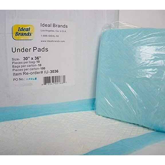 Ideal - Disposable Underpad Large 30 x 36 (Case of 100) Underbed Liners, Waterproof Barrier Incontinence Pads Super Absorbent Protection, Adhesive Mattress Protector Strips, IU-303