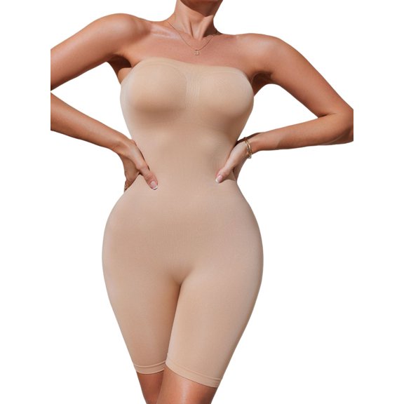 BFTBTY Women's Strapless Shapewear Bodysuit Tummy Control Seamless Sculpted Body Shaper Beige M