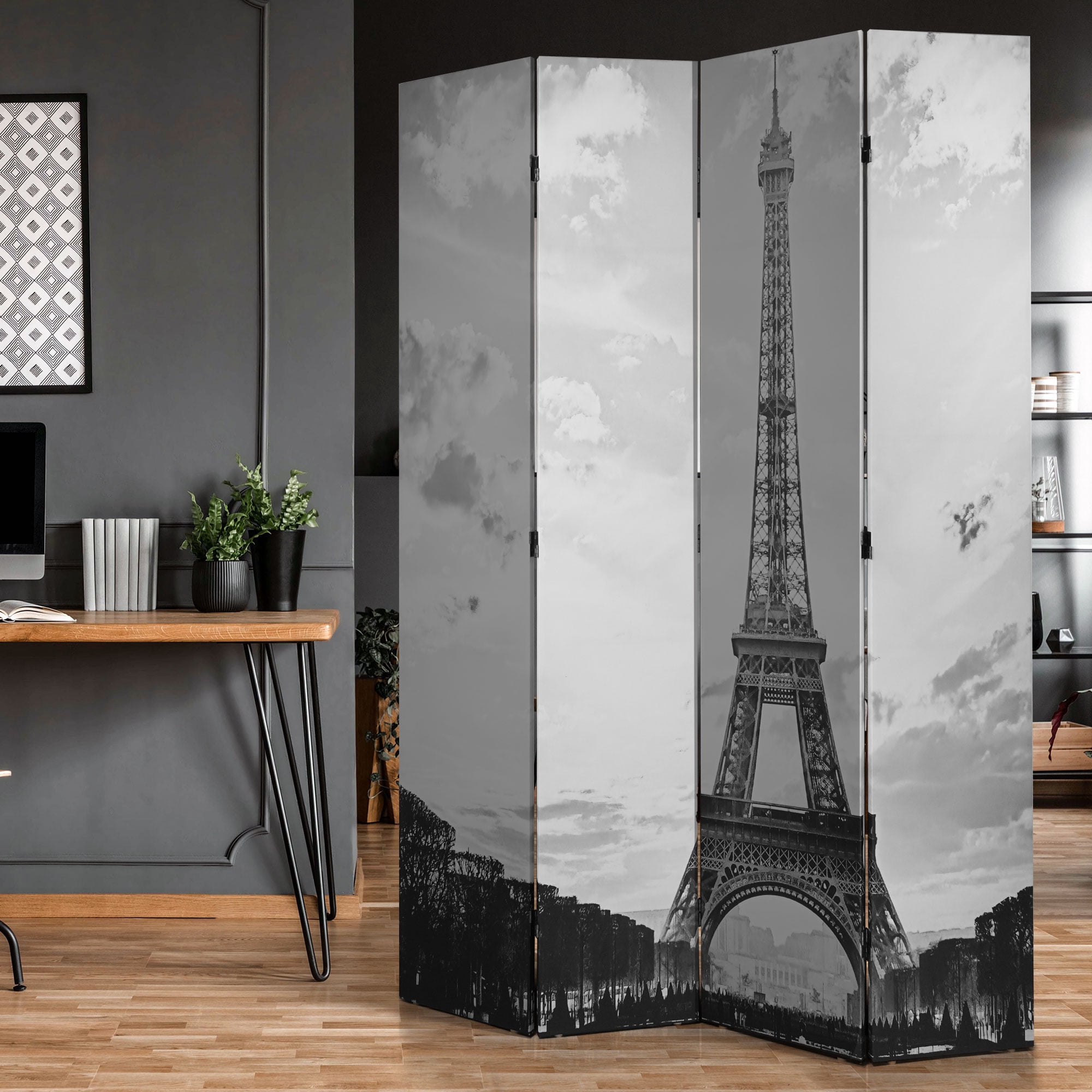 American Art Decor Double-Sided Eiffel Tower & Notre Dame Bike Black & White Canvas Room Divider Privacy Screen, 4 Panels, 70" H x 63" L x 1" D