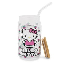 Sanrio Hello Kitty Strawberry 16-Ounce Glass Tumbler With Bamboo Lid and Straw