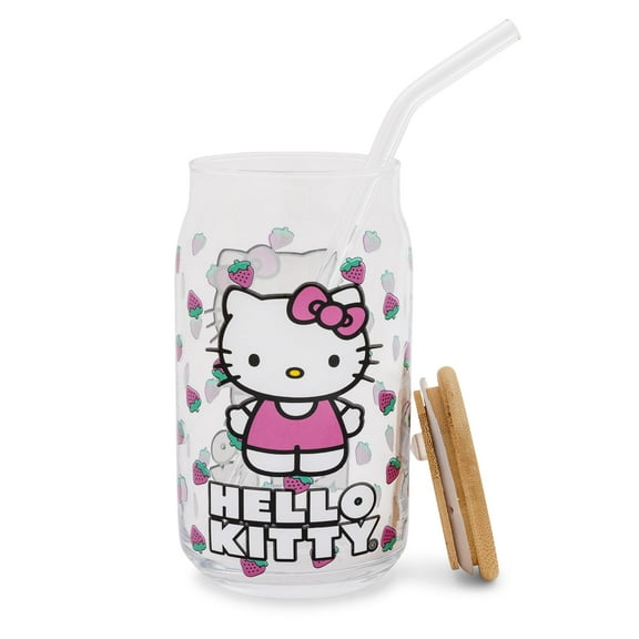 Sanrio Hello Kitty Strawberry 16-Ounce Glass Tumbler With Bamboo Lid and Straw