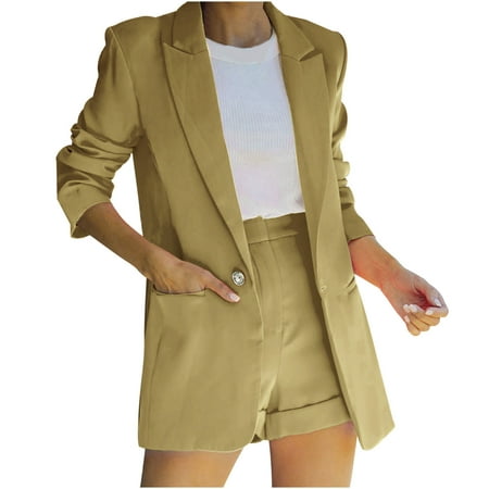 

Ziloco Womens Ladies Solid Turn Down Collar Jacket Long Sleeve Coat Outerwear Blazer scrub sets for woman Beige S
