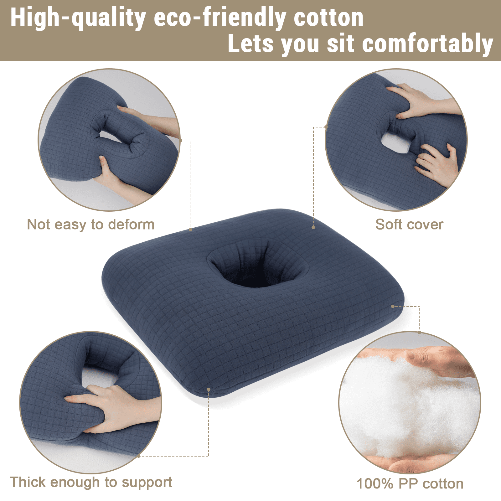 RoamReady Donut Pillow for Bed Sores Tailbone Pain Relief Cushion Cotton Butt Donut Cushion Breathable for Hemorrhoid Pregnancy Prostate and Surgery Sitting Pressure Relief for Home Car Navy Blue