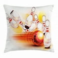 thumbnail image 1 of Bowling Party Decorations Throw Pillow Cushion Cover, Red Ball Falling Skittles Hit Speed Movement Throw Strike, Decorative Square Accent Pillow Case, 24 X 24 Inches, Red Yellow White, by Ambesonne, 1 of 2