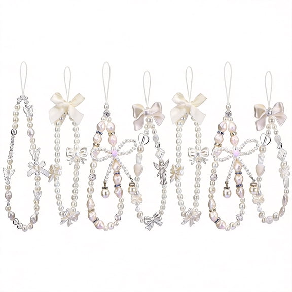 8Pcs Beaded Phone Charms Strap - Butterfly Bow & Pearl Wrist Lanyard - Cute Kawaii Phone Bracelet Keychain for Women & Girls, White