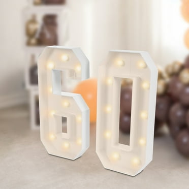 60 LED Light-Up Number 60 Decoration with Warm Bulbs, Vintage Style Birthday and Anniversary Party Decor, Battery Powered, Easy Assembly, Indoor Use
