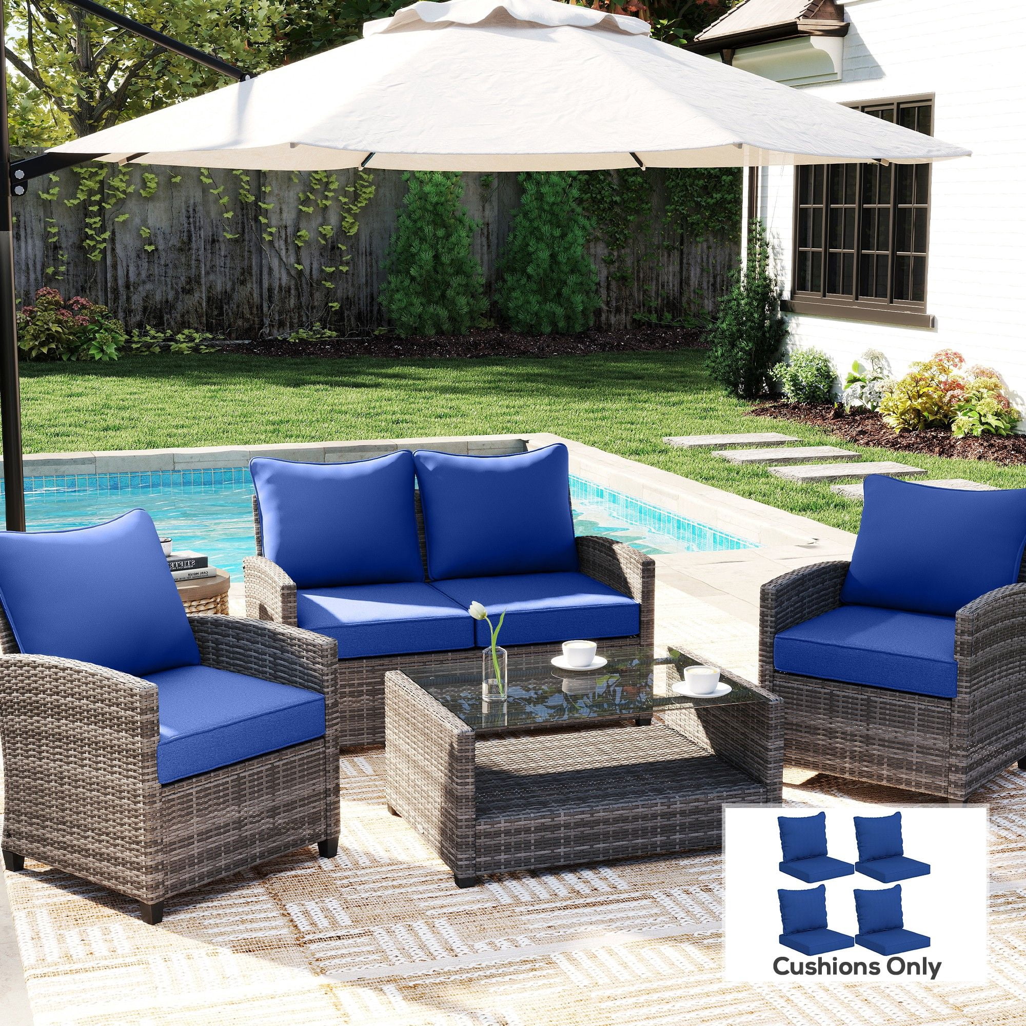 Alvantor Patio Chair Cushions Set of 4 Fade Resistant Seat Replacement Cushion with Backrest Navy Blue