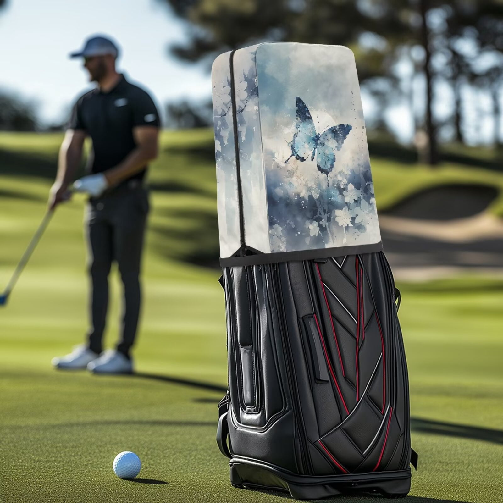 Chririnla Butterfly Golf Bag Cover Rain Hood 1260D Waterproof and Dust Cover Blue Floral Golf Club Rain Hood Foldable Removable Golf Gear UV Resistant Hoods fits Staff Bags
