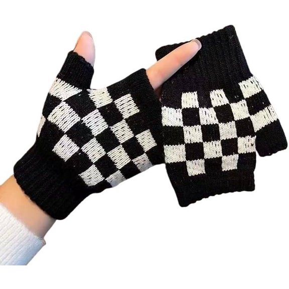YooGuoGuo Crochet Y2K Gloves Plaid Checkered Fingerless Winter Warm Knitted Gloves Y2K Accessories Harajuku 2000s Punk