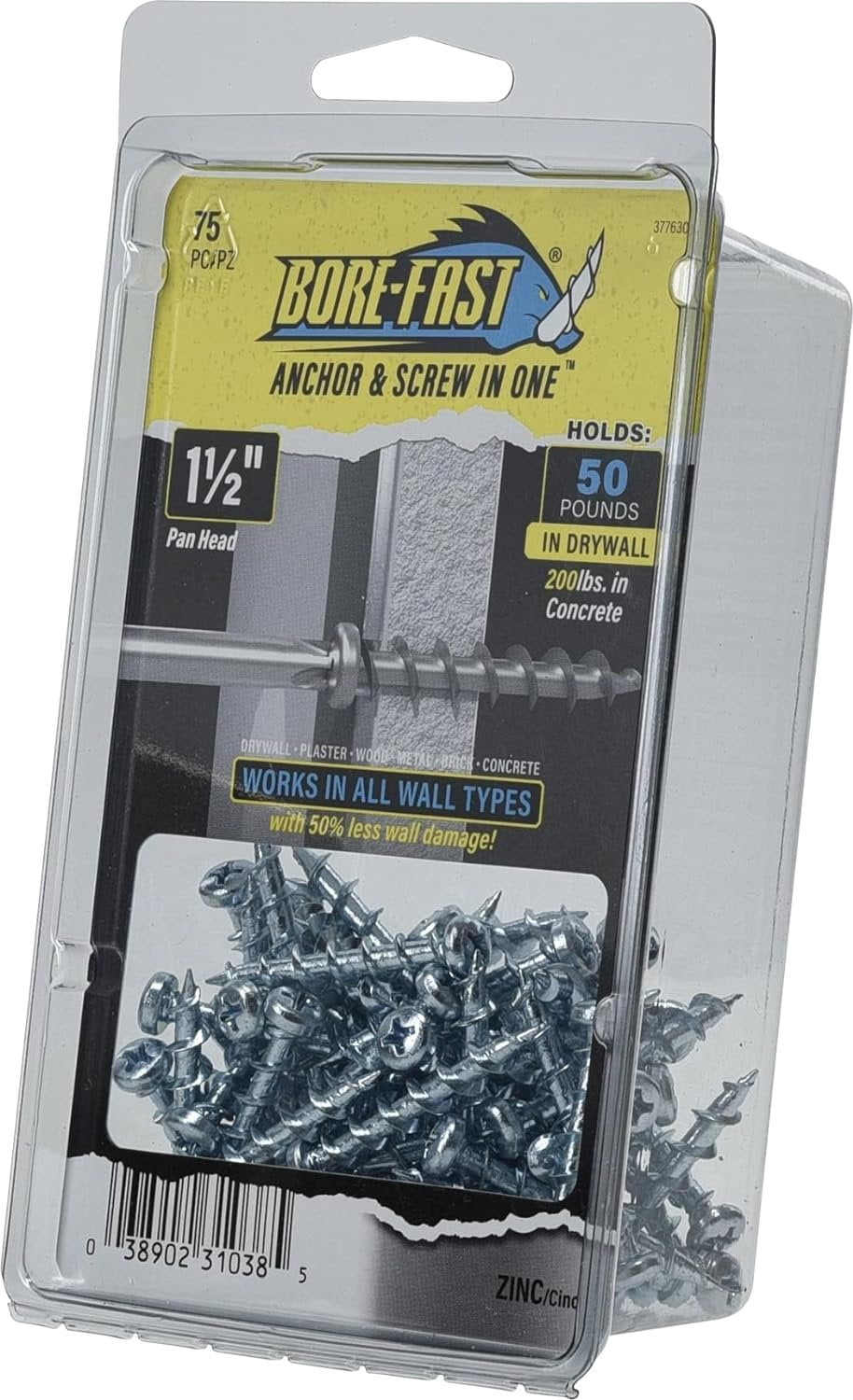 Hillman Borefast Drywall Anchors - Steel, Screw-In, Reusable - 75 Count, Silver