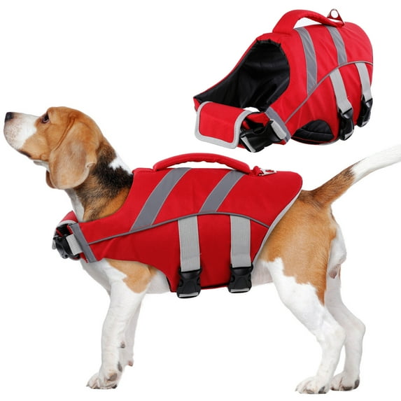 BRKURLEG Dog Life Jacket, Ripstop Dog Safety Vest with Reflective Stripes, Adjustable Pet Lifesaver Swimsuit with Handle for Medium Large Extra Large Dogs