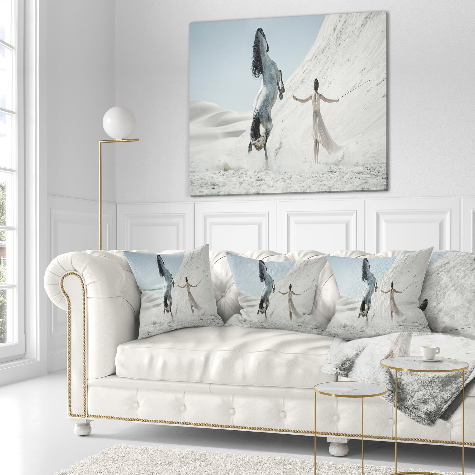 Designart Huge Horse and Lady on Desert - Animal Throw Pillow - 18x18