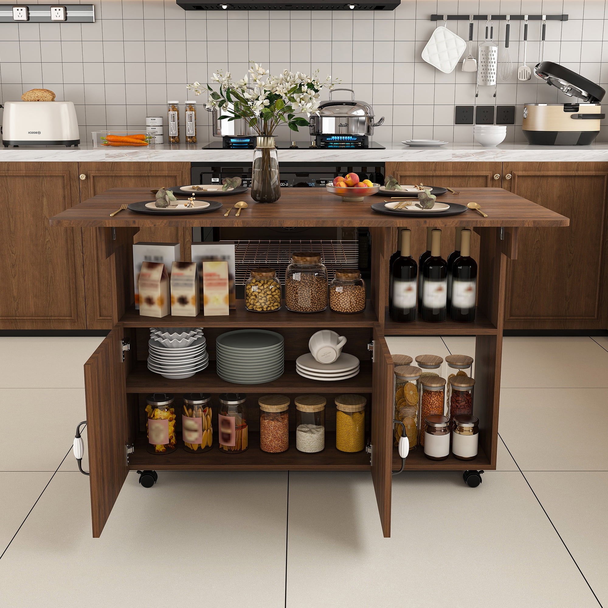 47 Inch Folding Table and Storage Shelves Outdoor Dining Table