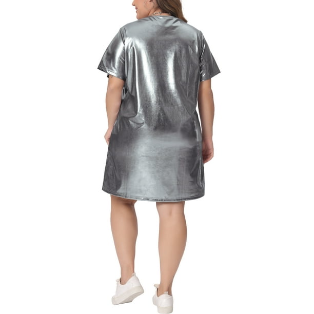 Agnes Orinda Women's Plus Size Formal Dress Metallic Round Neck Short  Sleeve Party Clubwear Loose Mini T-Shirt Dresses 4X Silver - Walmart  Business Supplies
