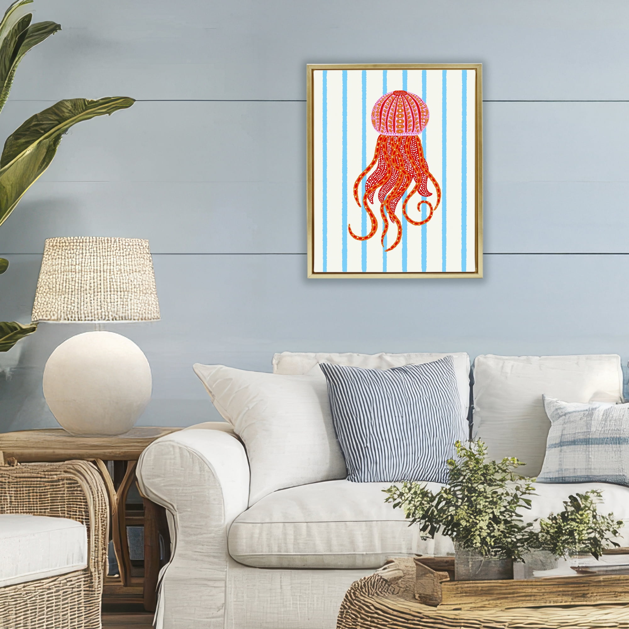 Stupell Industries Bright Aquatic Jellyfish on Stripes Gold Framed Floater Canvas Wall Art, design by Indira Prieto | IndySign