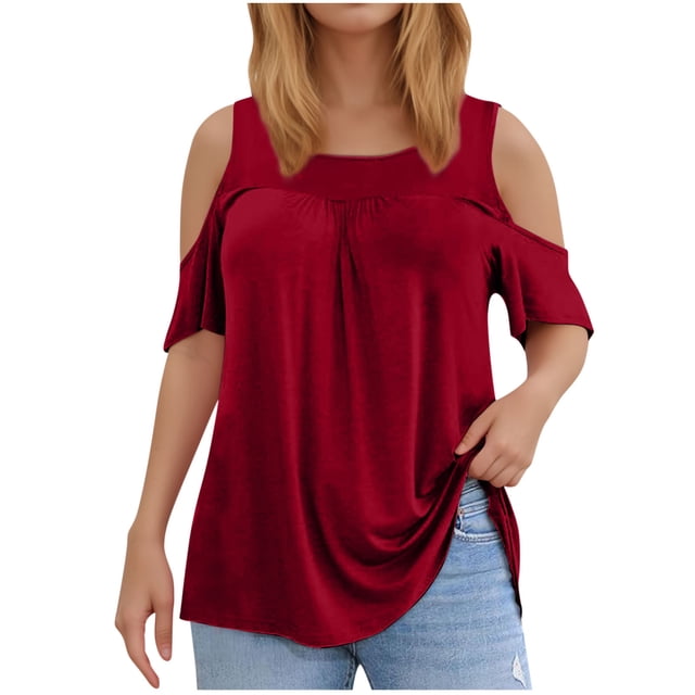 UPPADA Womens Summer Trendy Shirts Crew Neck Cold Shoulder Tops Solid Color Fashion Casual Slim Fit Workout Tops Red,XXL