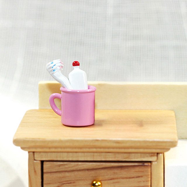 1/12 juego de taza de pasta de dientes en miniatura para cepillo de dientes, accesorios de fiesta para juego de imitación, Juguetes Rosado perfke Cepillo de dientes en miniatura