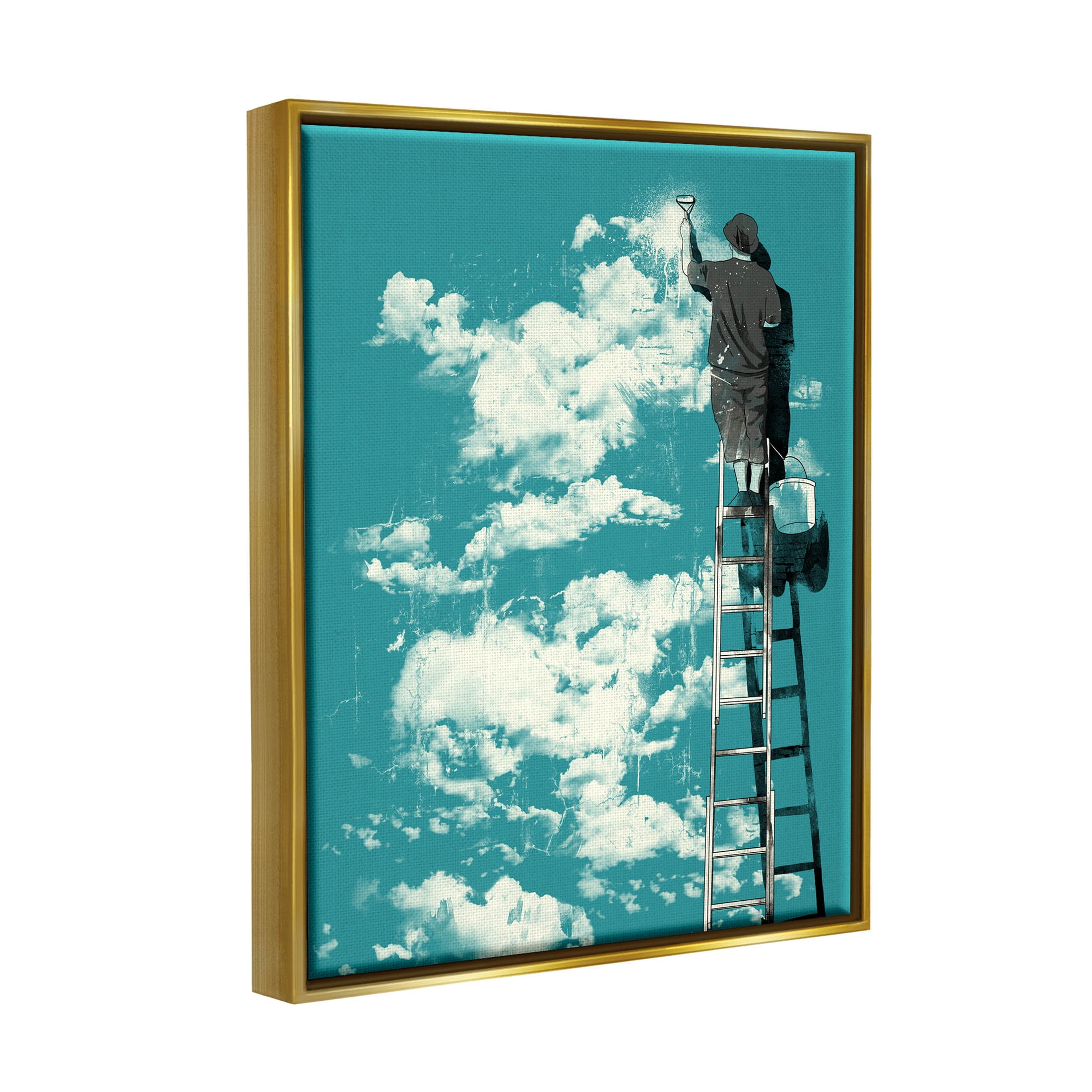 Stupell Industries Painter On Ladder Conceptual Clouds Graphic Art Metallic Gold Floating Framed Canvas Print Wall Art, Design by Matheus Lopes Castro