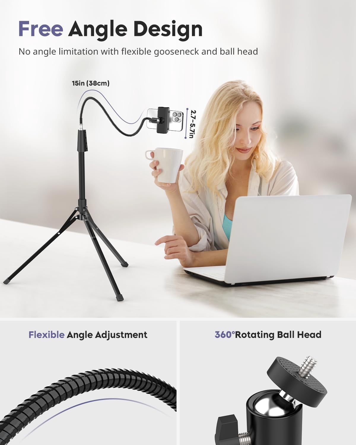 Phone Tripod, 92" Cell Stand with 15" Gooseneck, Remote and Holder, Overhead & Selfie Stick for Recording/Watching/Vlog, Compatible iPhone Android