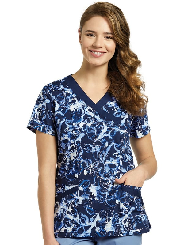 Allure by White Cross Women's Mock Wrap Floral Print Scrub Top