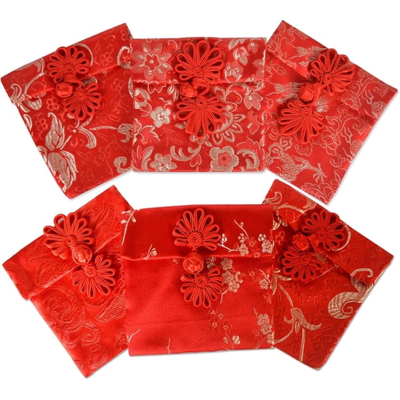 ZSODA Chinese Silk Red Pouch Purse Red Pockets New Year Envelopes Hong Bao Brocade Gift Bags for Spring Festival, Wedding, Birthday 6 Pcs