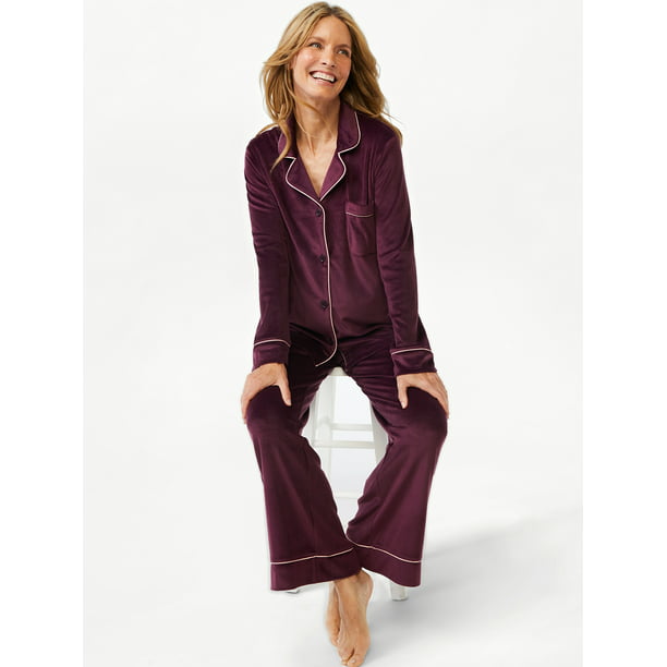 Joyspun Women's Velour Knit Pajama Set, 2-Piece, Sizes up to 3X