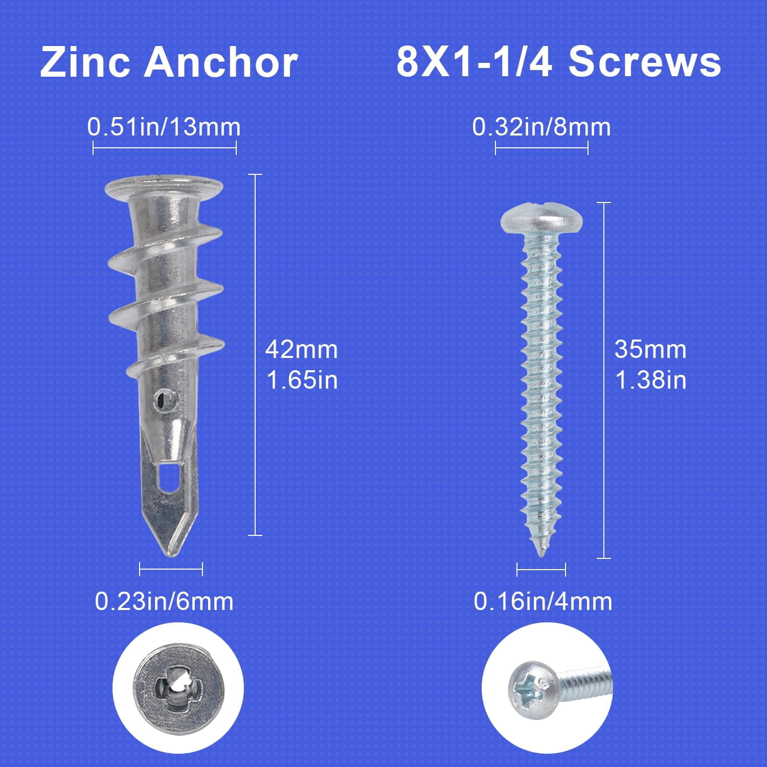 #8 Self Drilling Drywall Anchors Screw Kit – 30 Sets Dry Wall Anchors and Screw for Drywall with 30 Long Self-Tapping Zinc Sheetrock Anchor 30#8 x 1-1/4'' 304 Screws 75LB Hanging (30 L Zinc)