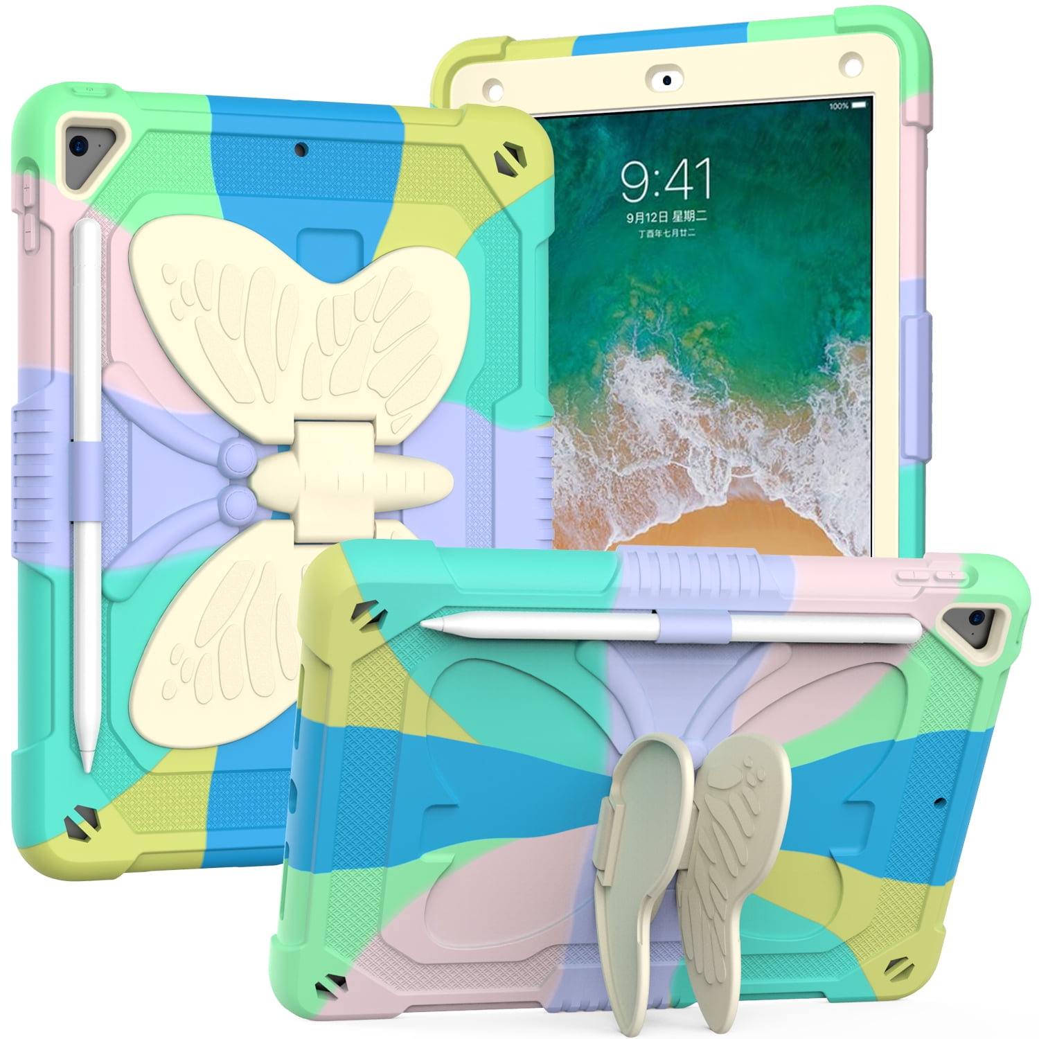Case For Apple iPad Air 4 / iPad Air 5 / iPad Pro (11 inch) Butterfly Wings Kickstand 3in1 Tough Hybrid with Pencil Holder Heavy Duty Rugged Shockproof Full Protective Tablet Cover [ Rainbow ]