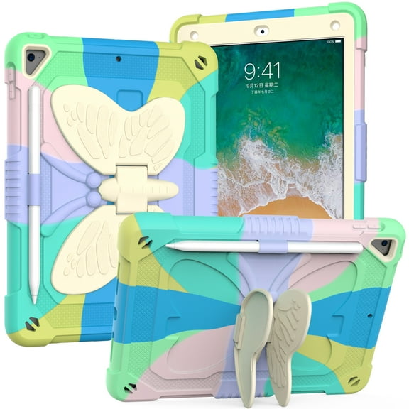 Case For Apple iPad iPad 8 / 7 (10.2 inch) Butterfly Wings Kickstand Tough Hybrid with Pencil Holder Heavy Duty Rugged Shockproof Tablet Cover [ Rainbow ]