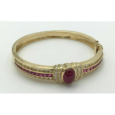 Bluebelljewels Ladies 14K Yellow Gold Finish Silver Oval Cut Lab Created Ruby Bangle Bracelet Estate