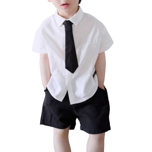 Dursoulink Boys Summer School Uniform Set White Short Sleeve Shirt Black Shorts Necktie for Kids Daily Wear Holiday Party Performance with Button-Up Front Cotton Blend Sizes 90-150