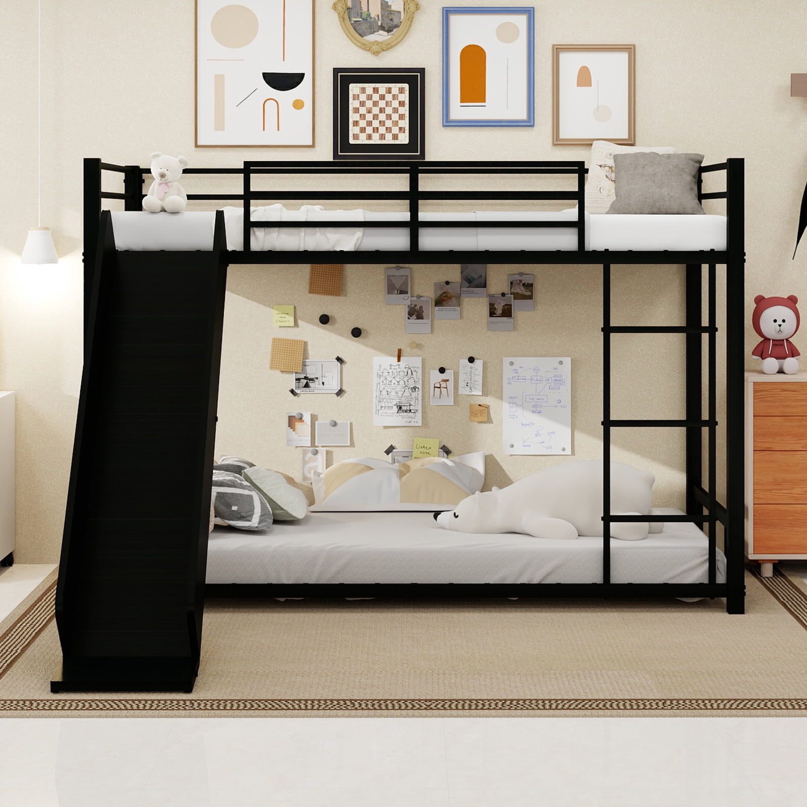 Leumius Twin Bunk Bed with Slide,Heavy Duty Metal Bed Frame with Ladder and Durable Guardrail,Space Saving,Easy Assembly,Black