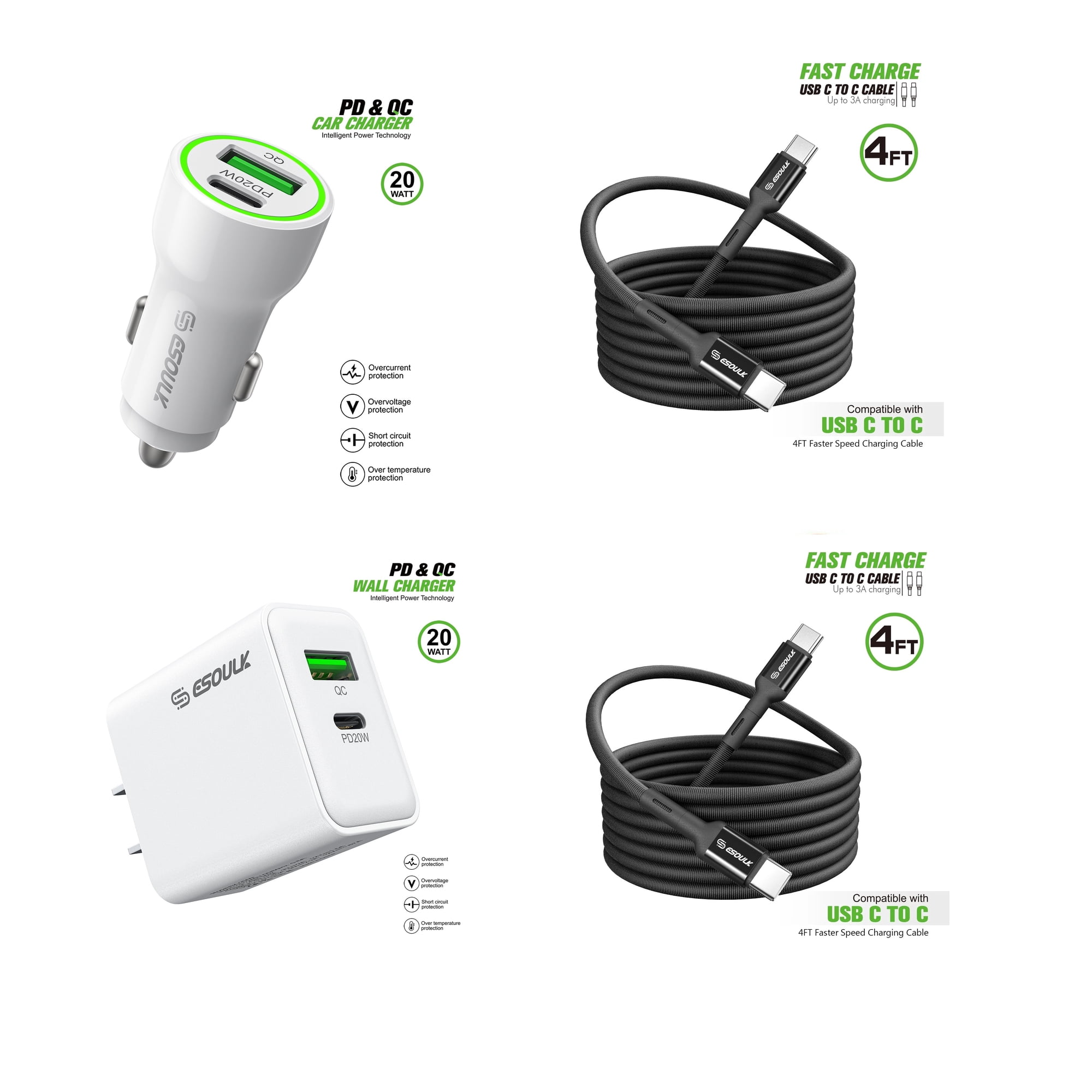 For Samsung Galaxy S24 Ultra SM-S928 20W Car Charger Plus 20W Wall Charger with 2X C to C USB Cable Combo