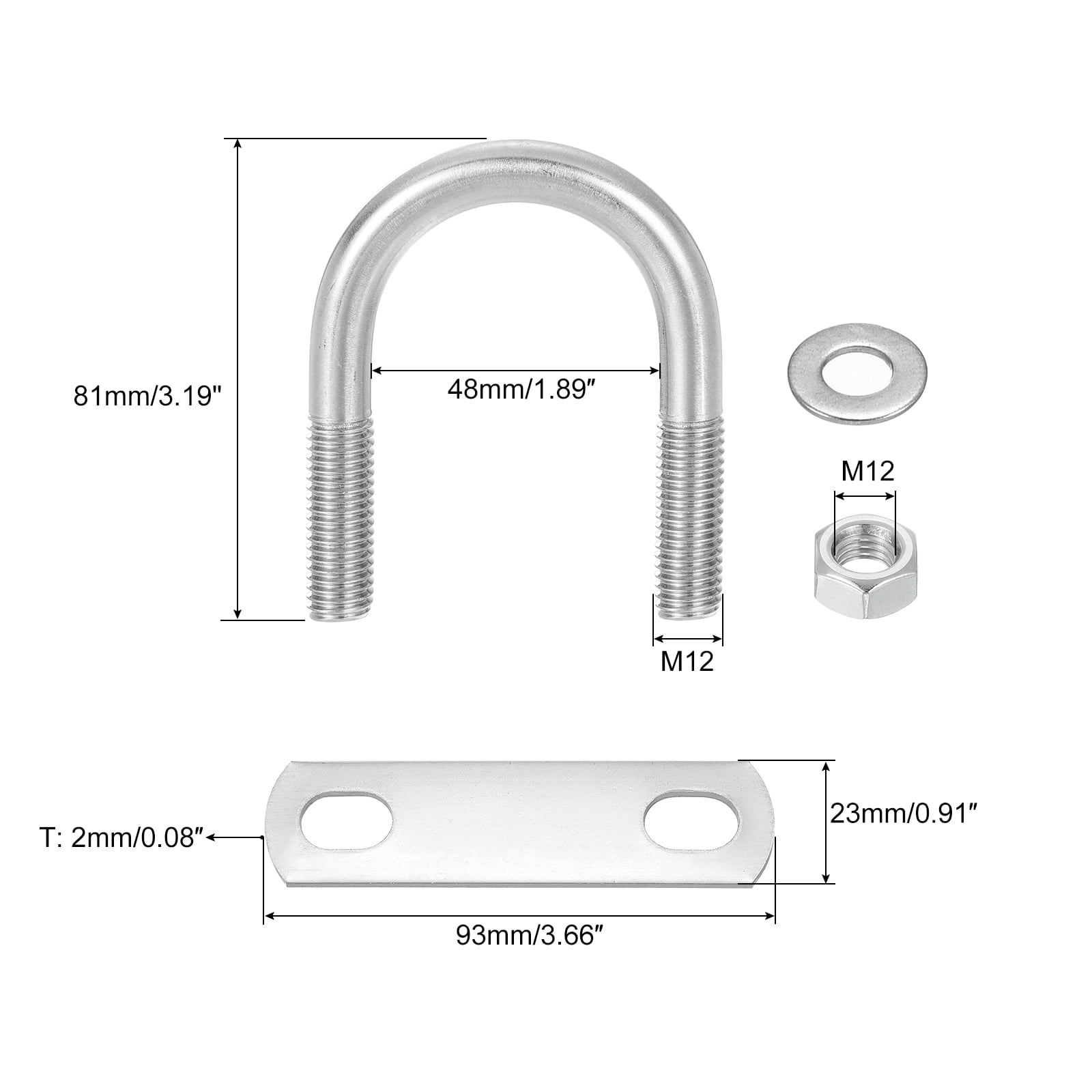 Round U-Bolts, 6 Sets 46mm(1.81") Inner Width 81mm Length M12 304 Stainless Steel U Clamp Bolt with Nuts and Plates