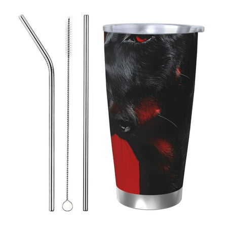 

Zeuib Black Dog Red Background Printed 20oz Stainless Steel Insulated Car Cup Stainless Steel Thermal Cup Vacuum Insulated Leak-proof Travel Mug Cup-Straw Three-piece Set