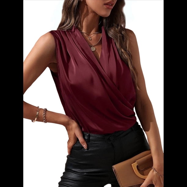 Blusa Elegante de Satén Cruzada con Cuello en V y Sin Mangas para Mujer Vino Tinto M